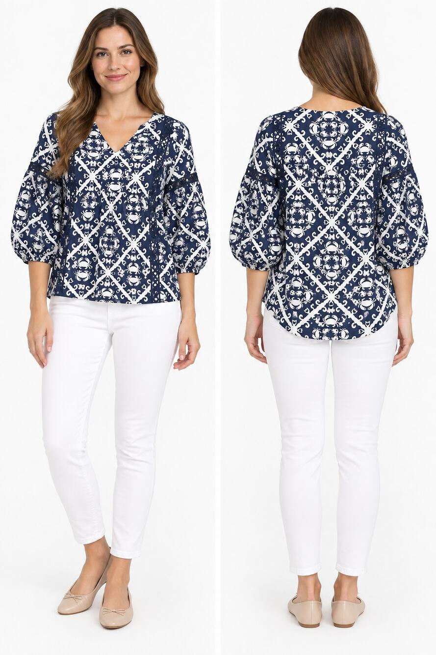 Crown & Ivy Women's M Navy White Crab Print Rayon V-Neck 3/4 Sleeve Blouse